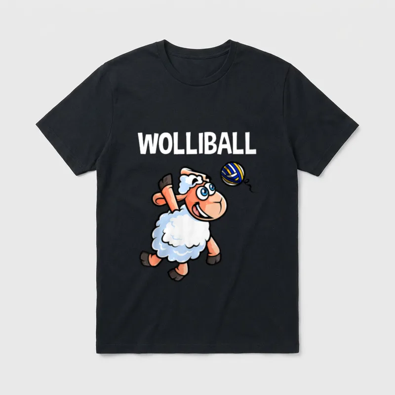 Volleyball Sport T-Shirt – Cartoon Schaf spielt Volleyball unter dem Schriftzug Wolliball – Klassisches T-Shirt in Schwarz