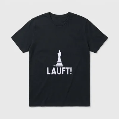Lustiges Schach Läuft! Läufer T-Shirt – Weißer Schachläufer über dem Schriftzug „Läuft!“ – Klassisches T-Shirt in Schwarz