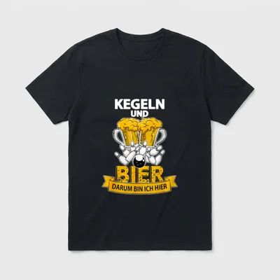 Lustiges Kegel T-Shirt – Bierkrüge, Kegel und Kugel mit Spruch „Kegeln und Bier“ – Klassisches T-Shirt in Schwarz
