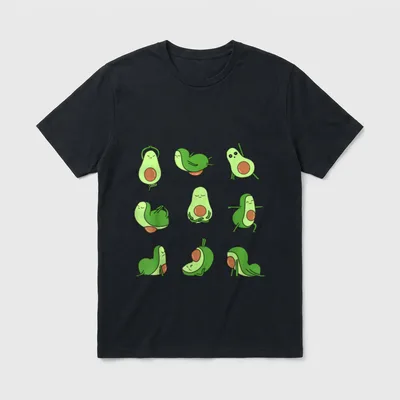 Avocado Yoga Asana Pose T-Shirt – Neun Avocados in verschiedenen Yogaposen, Comic-Stil – Klassisches T-Shirt in Schwarz