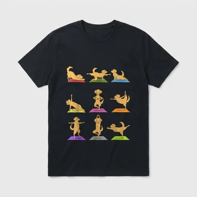 Yoga Golden Retriever Lustige T-Shirt – Neun Golden Retriever in Yogaposen auf bunten Matten – Klassisches T-Shirt in Schwarz
