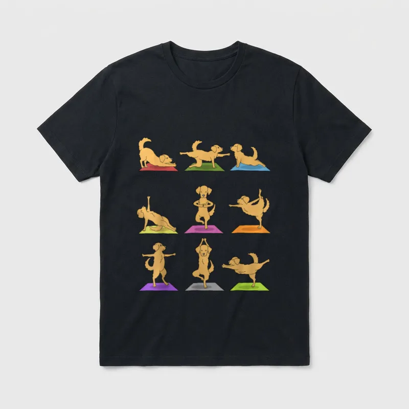 Yoga Golden Retriever Lustige T-Shirt – Neun Golden Retriever in Yogaposen auf bunten Matten – Klassisches T-Shirt in Schwarz