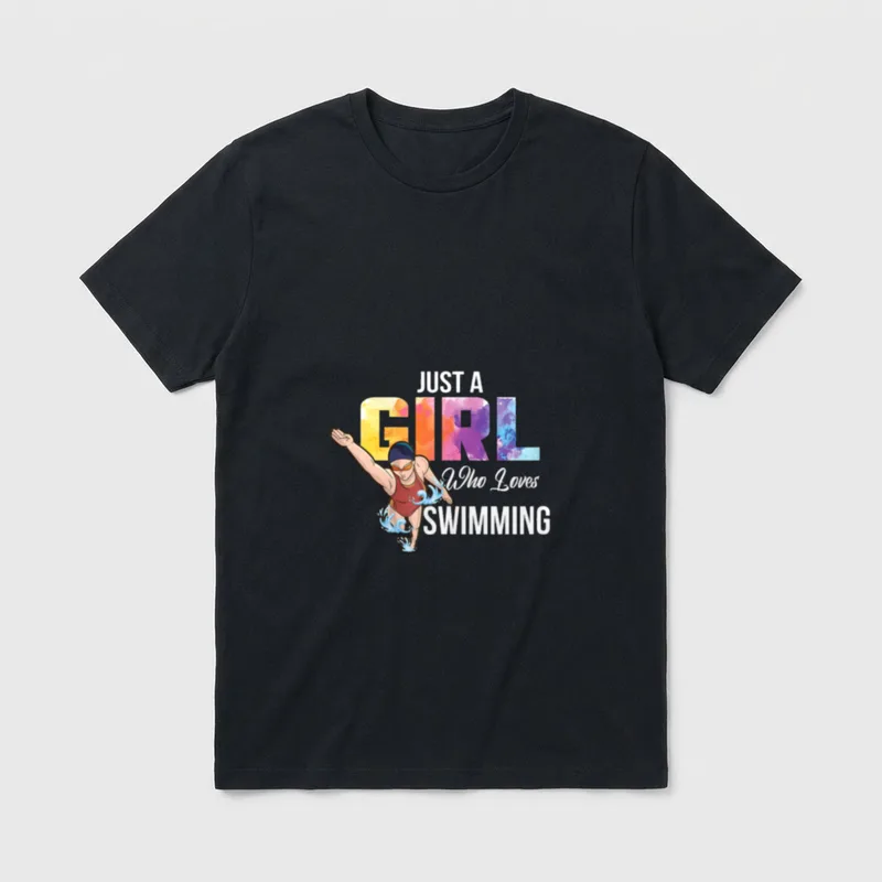 Just a Girl Who T-Shirt – Schwimmerin im Sprung, Schriftzug „Just a Girl Who Loves Swimming“ – Klassisches T-Shirt in Schwarz