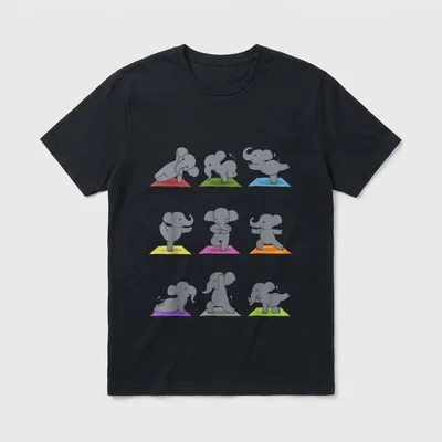 Elefant Yoga Lustige Elefanten T-Shirt – Neun Elefanten in Yoga-Posen auf bunten Matten – Klassisches T-Shirt in Schwarz