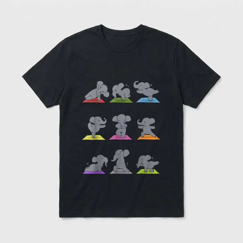 Elefant Yoga Lustige Elefanten T-Shirt – Neun Elefanten in Yoga-Posen auf bunten Matten – Klassisches T-Shirt in Schwarz