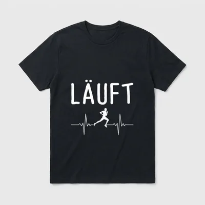 Läuft Joggen Läufer Marathon T-Shirt – Schriftzug „LÄUFT“ über Läufer auf Herzschlaglinie – Klassisches T-Shirt in Schwarz