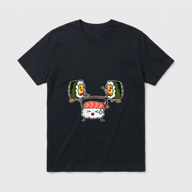 Sushi Lustiges Kawaii Japan T-Shirt – Kawaii-Sushi-Figuren stemmen gemeinsam eine Langhantel – Klassisches T-Shirt in Schwarz