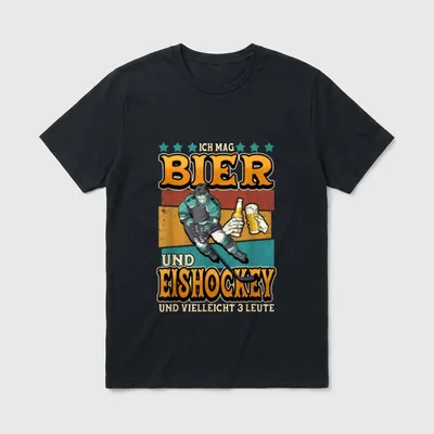 Eishockey Ich mag Bier T-Shirt – Eishockeyspieler mit Bierflasche und -glas, Spruch darüber – Klassisches T-Shirt in Schwarz