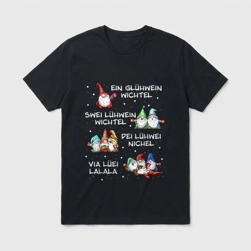 Weihnachten T-Shirt Herren – Vier Wichtel zählen Glühwein, Schrift wird zunehmend verwaschen – Klassisches T-Shirt in Schwarz