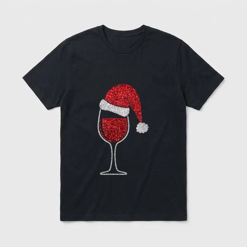 Glas Rotwein Mit Weihnachtsmütze T-Shirt – Klassisches T-Shirt in Schwarz