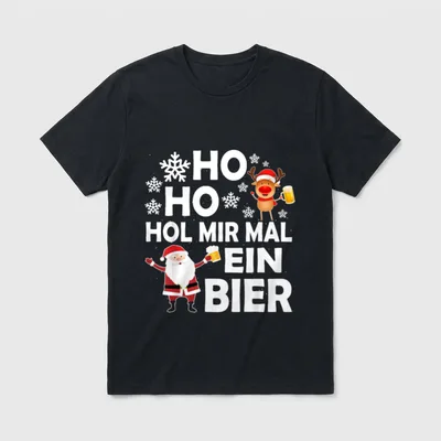 Ugly Shirt Weihnachten – Santa und Rentier mit Bier, Spruch „Ho Ho Hol Mir Mal Ein Bier“ – Klassisches T-Shirt in Schwarz