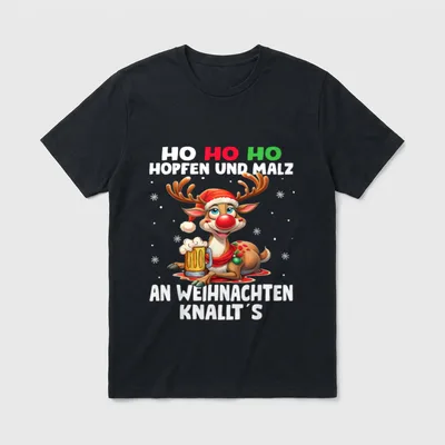 Ho Ho HOL Mir T-Shirt – Rentier mit Nikolausmütze und Bierkrug, Spruch Hopfen und Malz – Klassisches T-Shirt in Schwarz