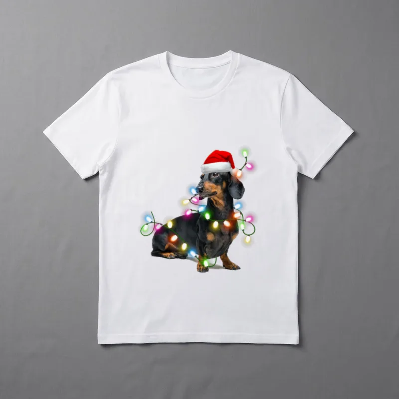 Lustig Dackel Rentier Weihnachten T-Shirt – Dackel mit Nikolausmütze und bunter Lichterkette – Klassisches T-Shirt in Schwarz