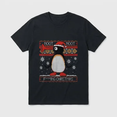 Funny Noot Christmas Frohe T-Shirt – Pinguin mit Trompete und Zipfelmütze, Text NOOT NOOT – Klassisches T-Shirt in Schwarz