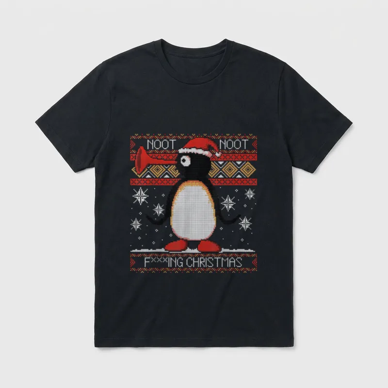 Funny Noot Christmas Frohe T-Shirt – Pinguin mit Trompete und Zipfelmütze, Text NOOT NOOT – Klassisches T-Shirt in Schwarz