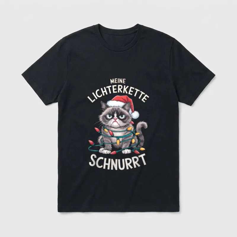 Weihnachten Katze Lichterkette Lustiges T-Shirt – Klassisches T-Shirt in Schwarz