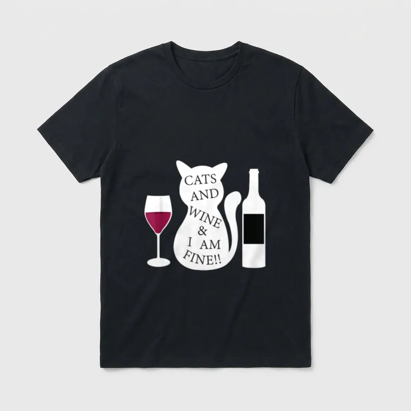 Wein Spruch lustig Katze T-Shirt – Katzensilhouette mit Spruch, Weinglas und Weinflasche – Klassisches T-Shirt in Schwarz