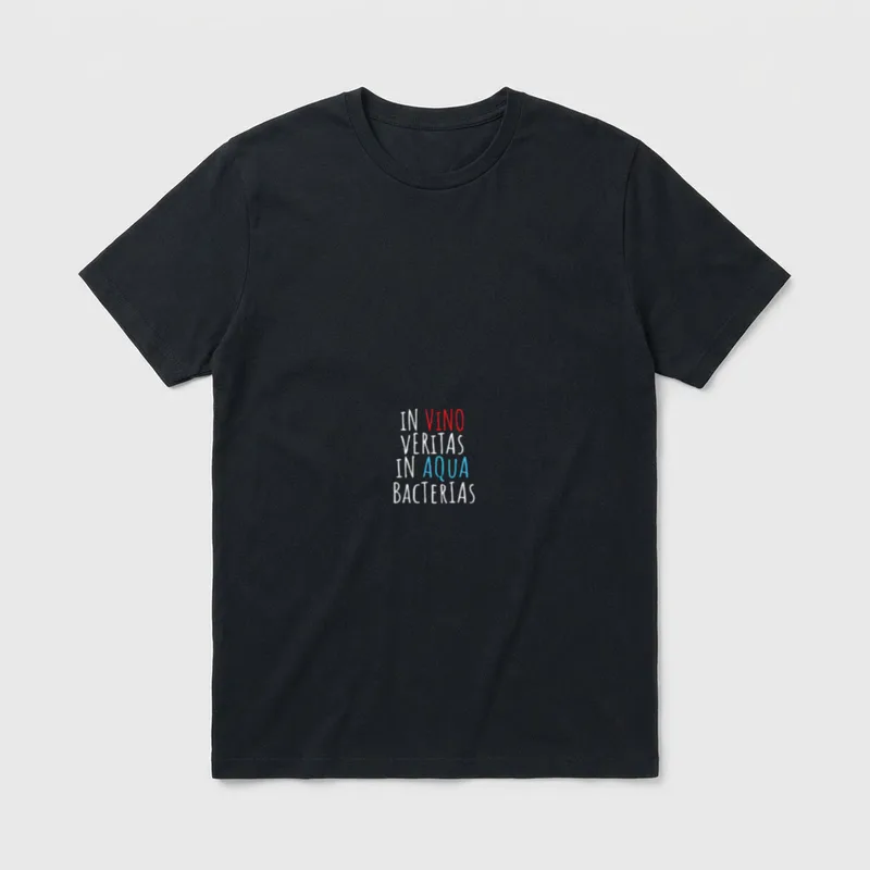 Spruch Wein In Vino T-Shirt – Schriftzug „In Vino Veritas In Aqua Bacterias“ – Klassisches T-Shirt in Schwarz
