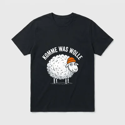 Komme was Wolle Funny T-Shirt – Schaf mit orangefarbener Mütze und Text Komme was Wolle – Klassisches T-Shirt in Schwarz
